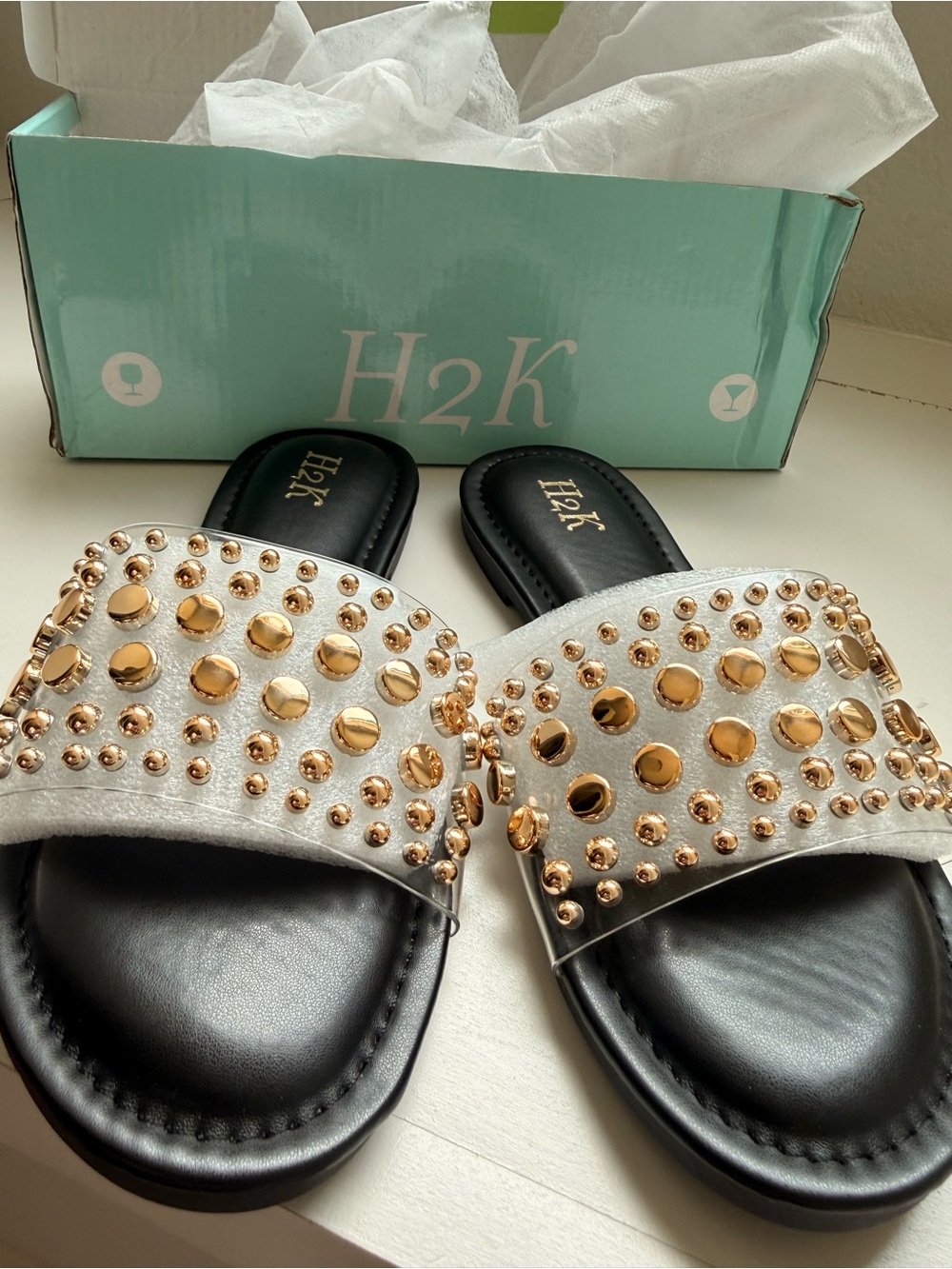 H2K White Slide Sandals with Gold Stud Embellishments